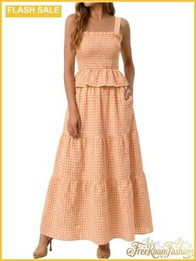 2 Piece Gingham Tank Top and Maxi Skirt Set with Pockets